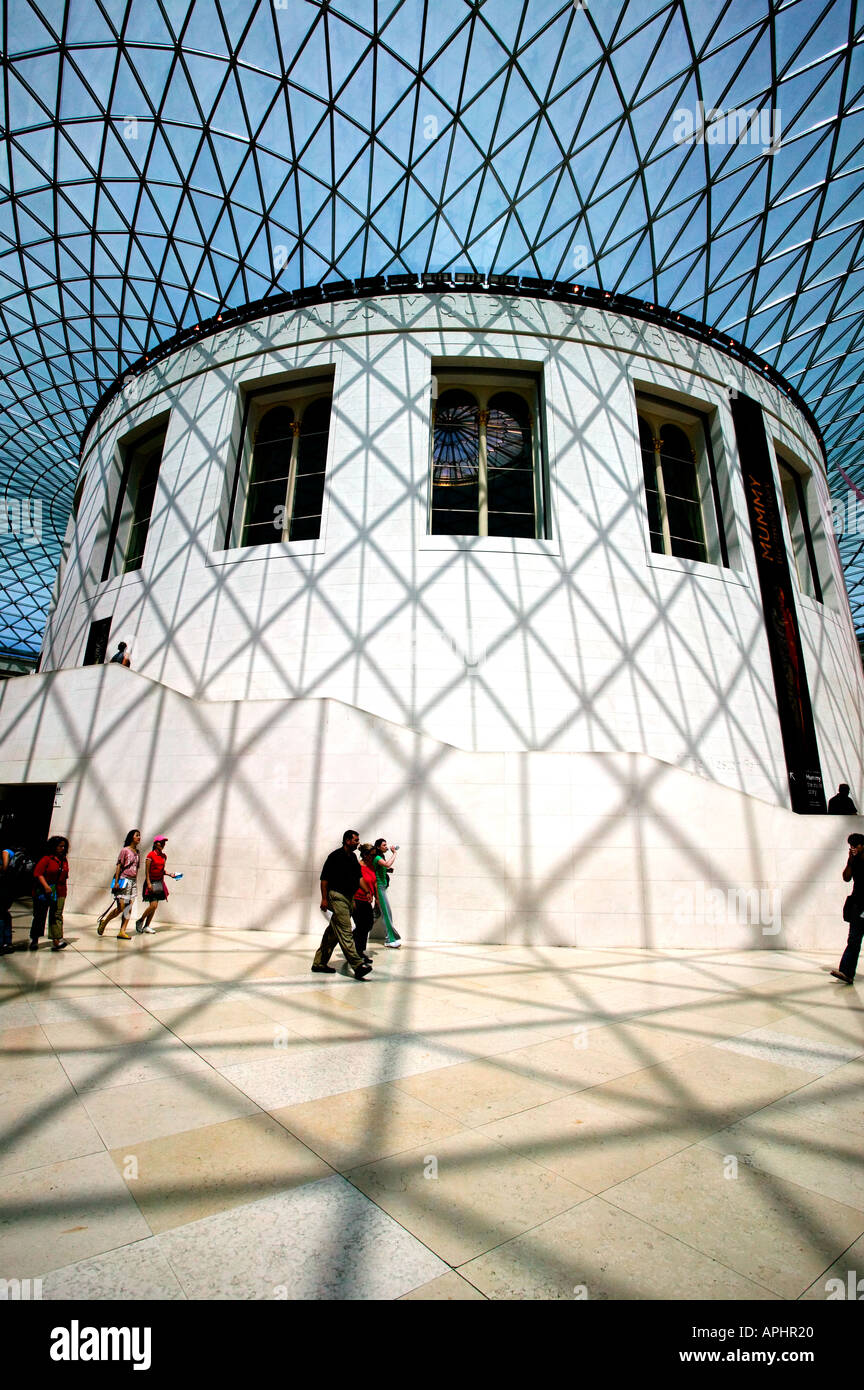 Sun casting shadows on the Great Court at the British Museum and the Reading Room from the roof designed by Sir Norman Foster Stock Photo
