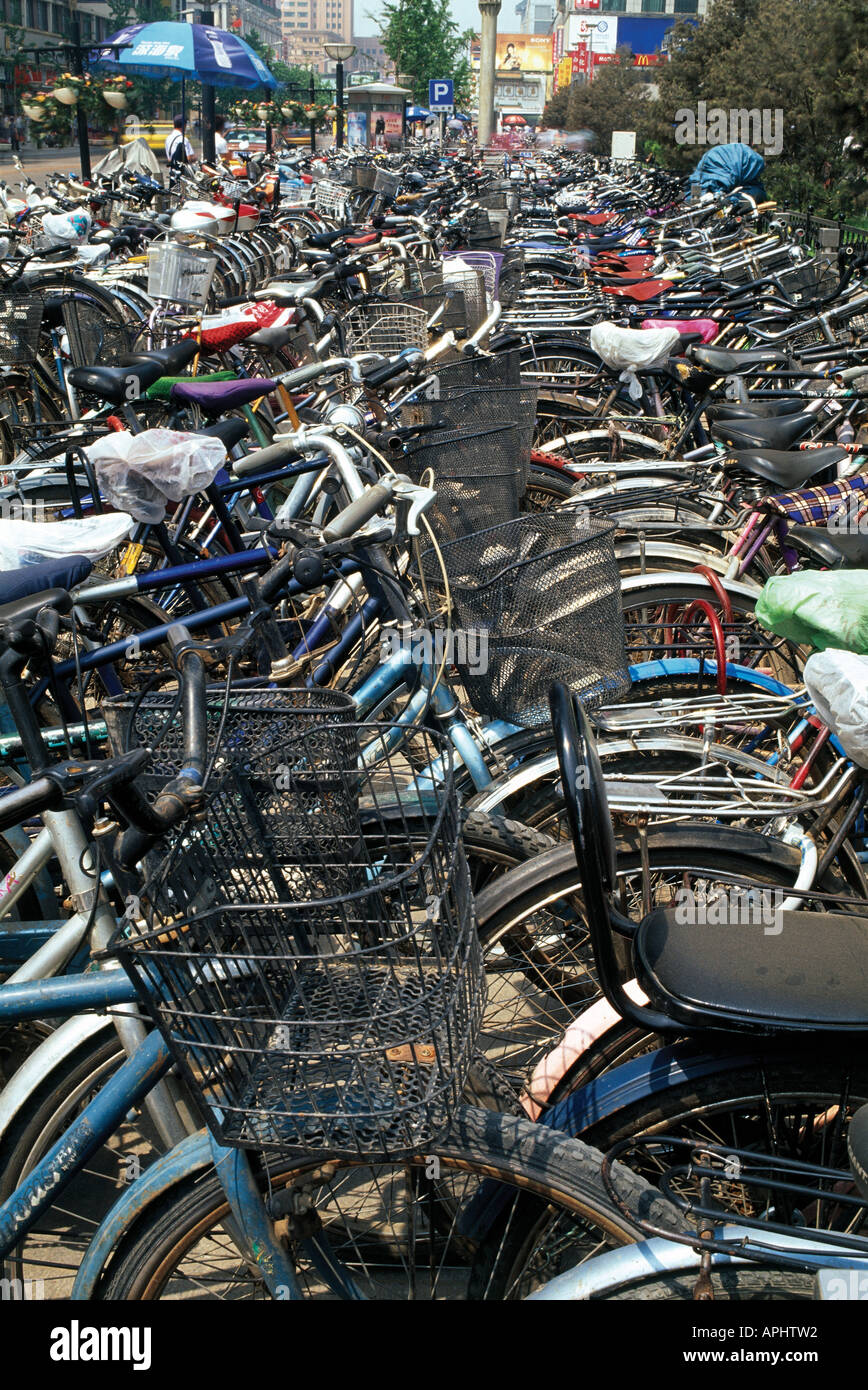 Rows of bicycles on Wanfujing Street in Beijing Stock Photo