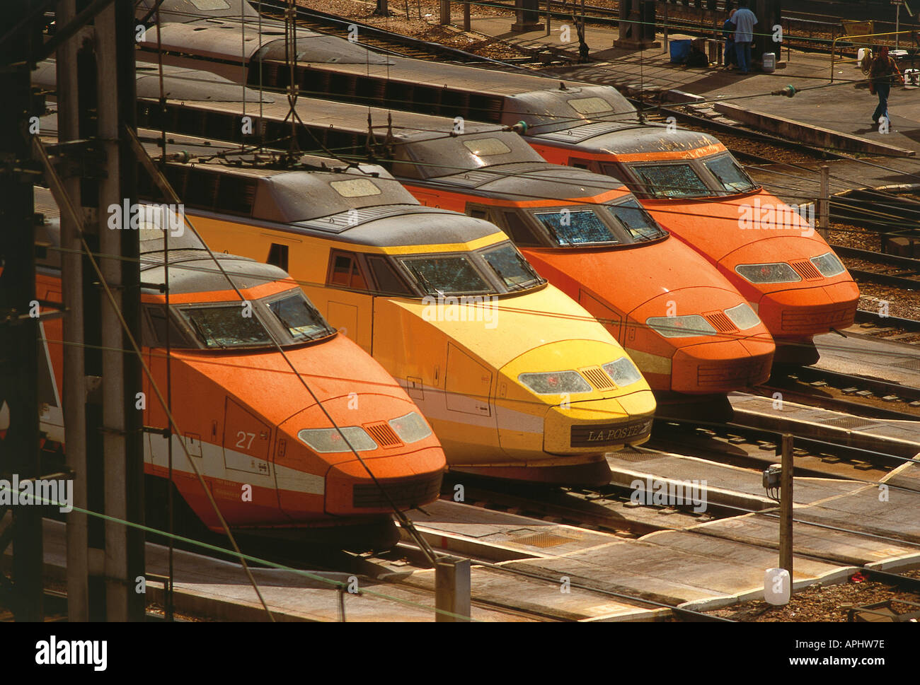 A collection of TGV Train A Grande Vitesse at rest in the sidings of a French station Paris France Stock Photo