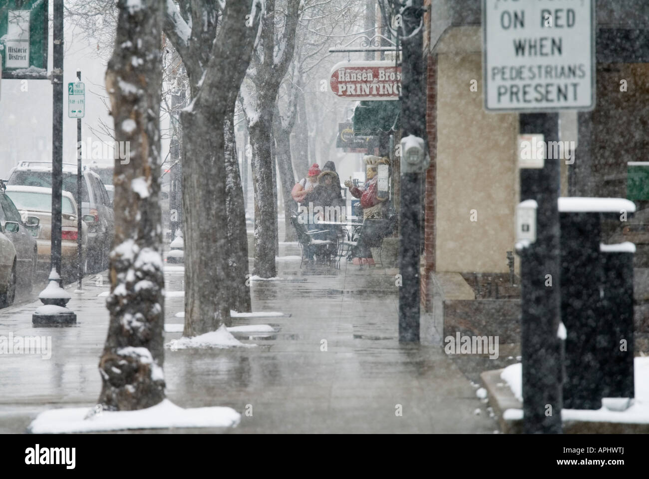 Sidewalk scene in historic Littleton Colorado on Littleton Blvd in a ...