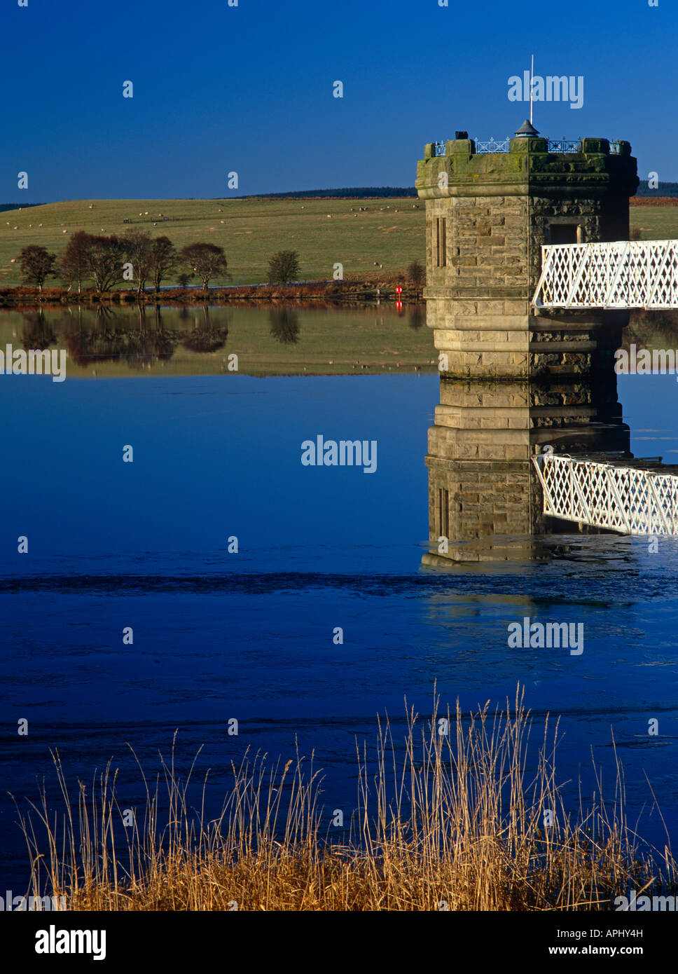 Early morning reflections of Fontburn Reservoir near Rothbury, Northumberland Stock Photo