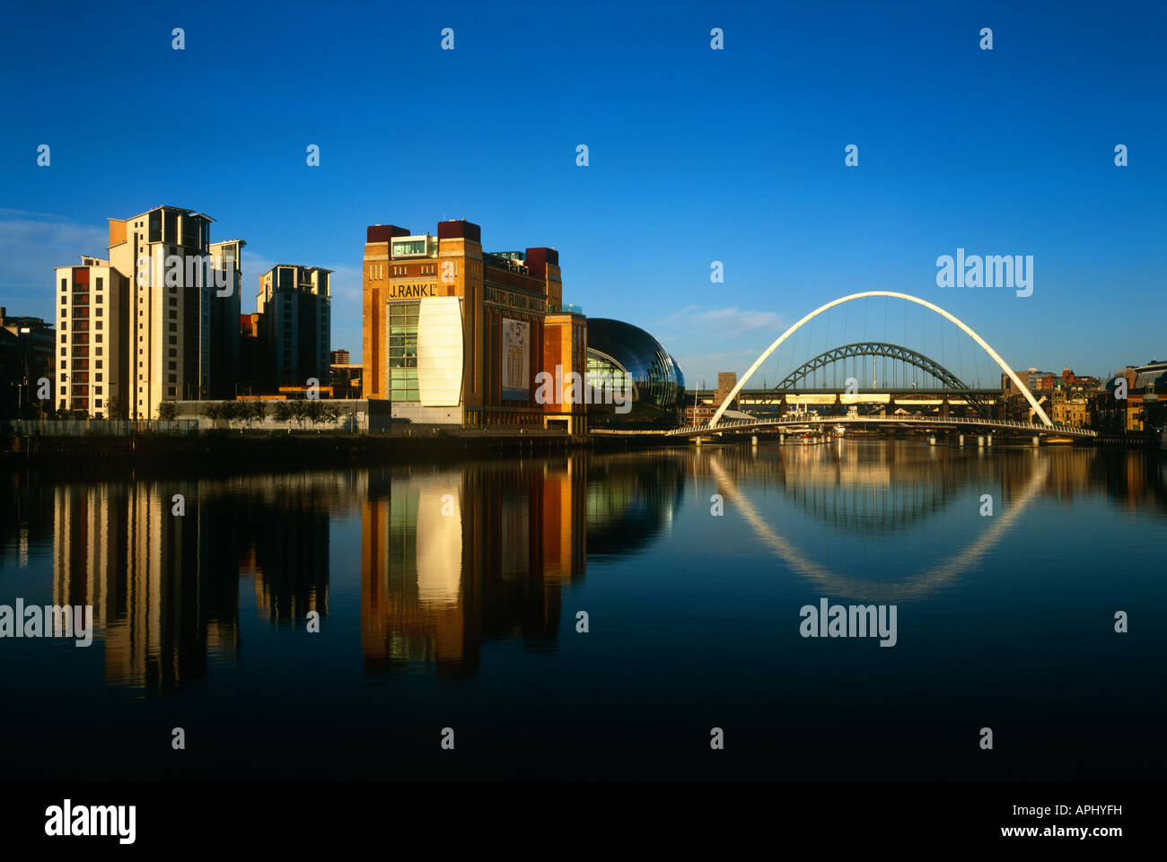 Baltic Arts Centre, Gateshead Millennium Bridge and Tyne Bridge reflected on the River Tyne, Newcastle Gateshead, Tyne and Wear Stock Photo