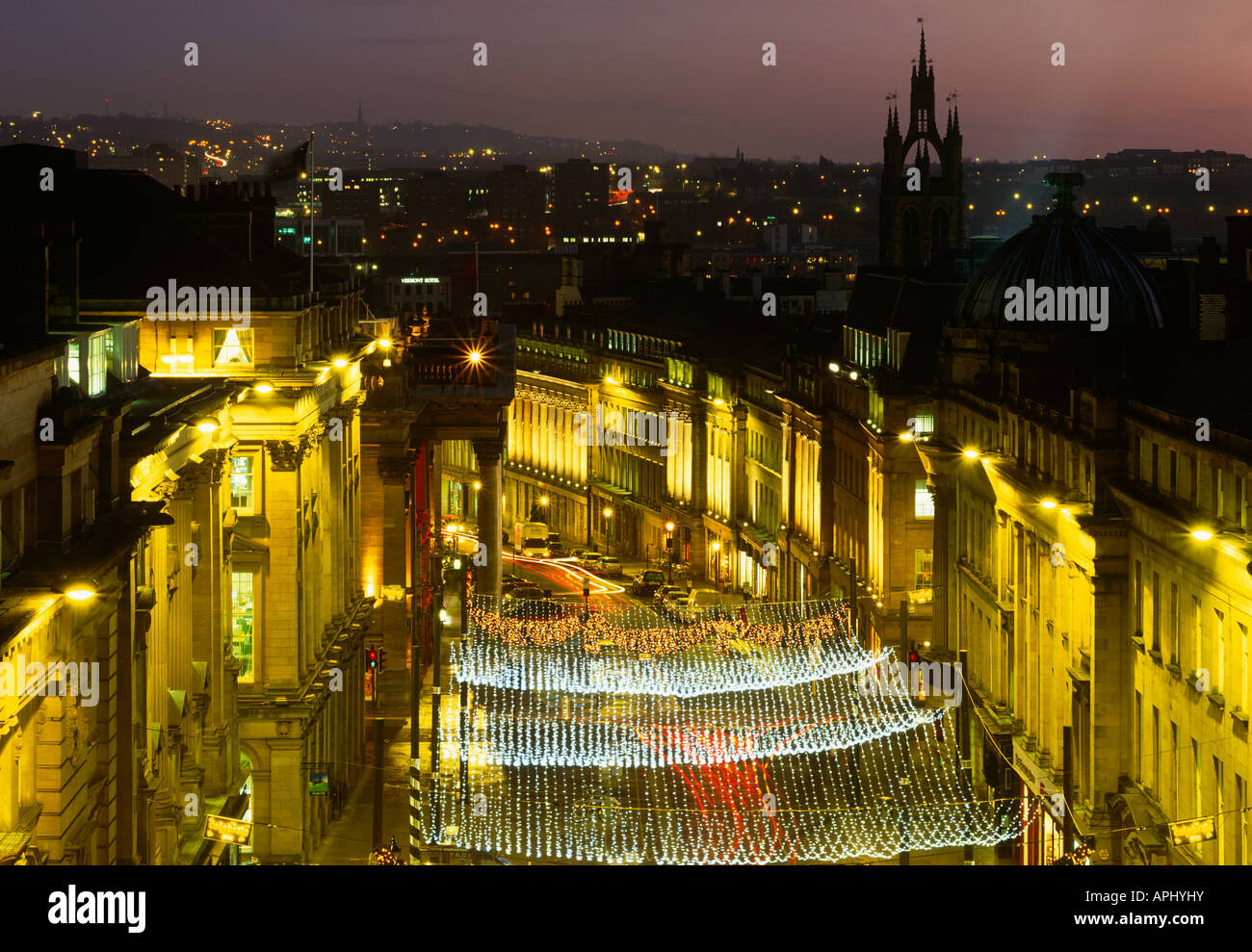 An ariel view of Grey Street in Newcastle at night at Christmas time. 2007 Stock Photo