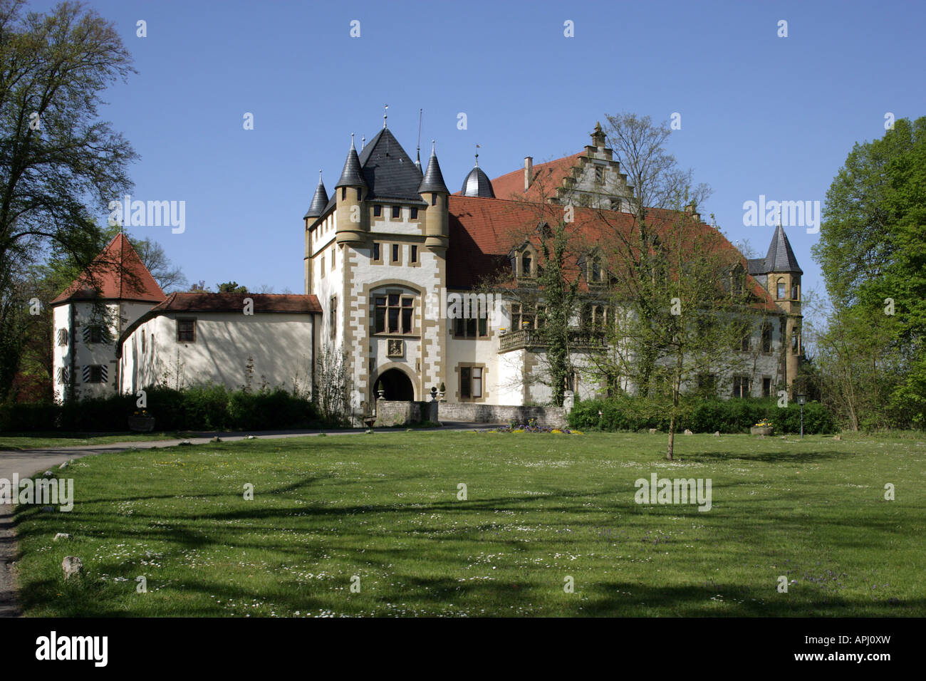 geography / travel, Germany, Baden-Wurttemberg, Jagsthausen, castles, Jagsthausen Castle, built: 1876 - 1878 by August von Bayer, exterior view, , Additional-Rights-Clearance-Info-Not-Available Stock Photo