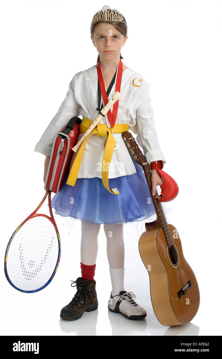 studio concept image of ten years old girl on white background overwhelmed by too many extra curricular activities Stock Photo