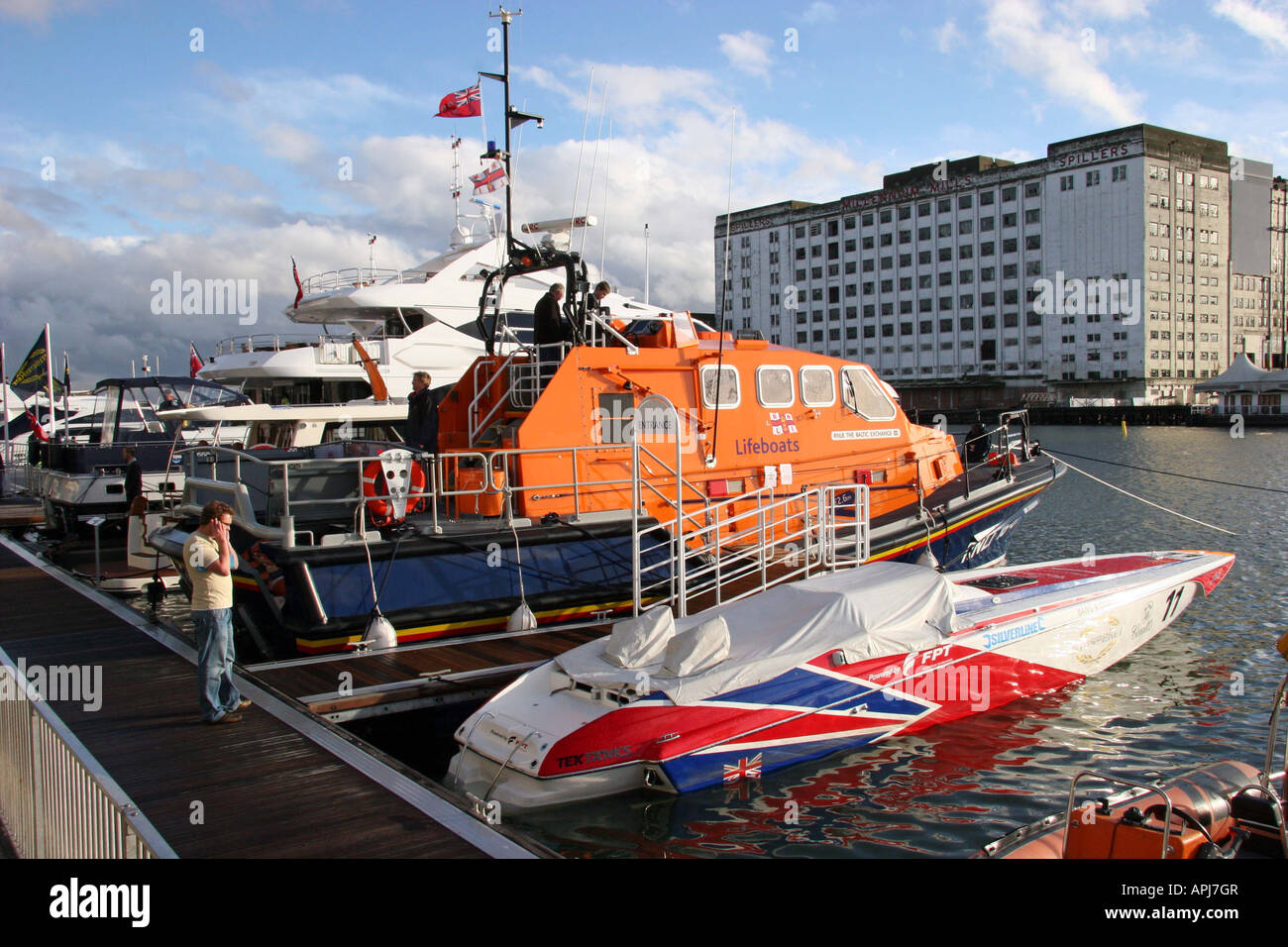 RNLI Lifeboat Tamar class outside in the Royal Victoria dock at the Collins Stewart London Boat Show Excel  London Stock Photo