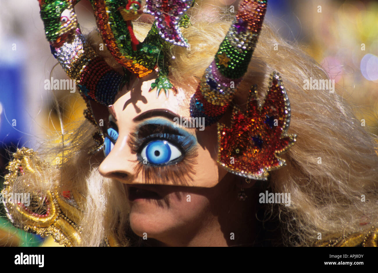 Masked China Supay (female devil) dancer in the Diablada, Oruro