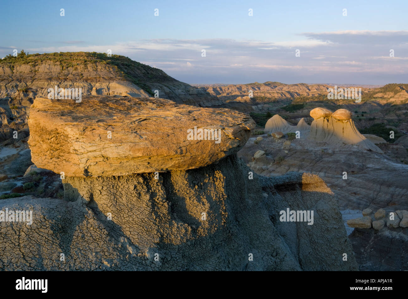Cap rocks at sunset Makoshika State Park Montana Stock Photo Alamy