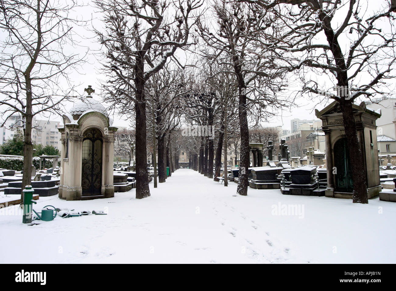 Grenelle Cemetery in the snow rue St Charles Paris 15th France Stock Photo