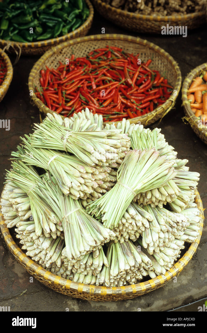 Bundles of lemongrass, and chillies in baskets, at a shop in Nguyen Thien Thuat St, Hanoi Old Quarter, Viet Nam Stock Photo