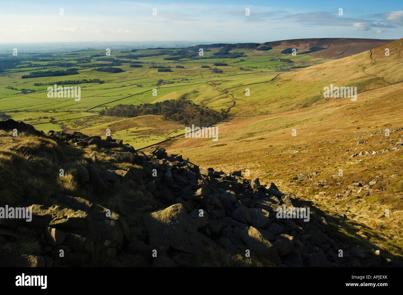 View over Bleasdale Lancashire looking west to the flatlands of The Fylde Stock Photo