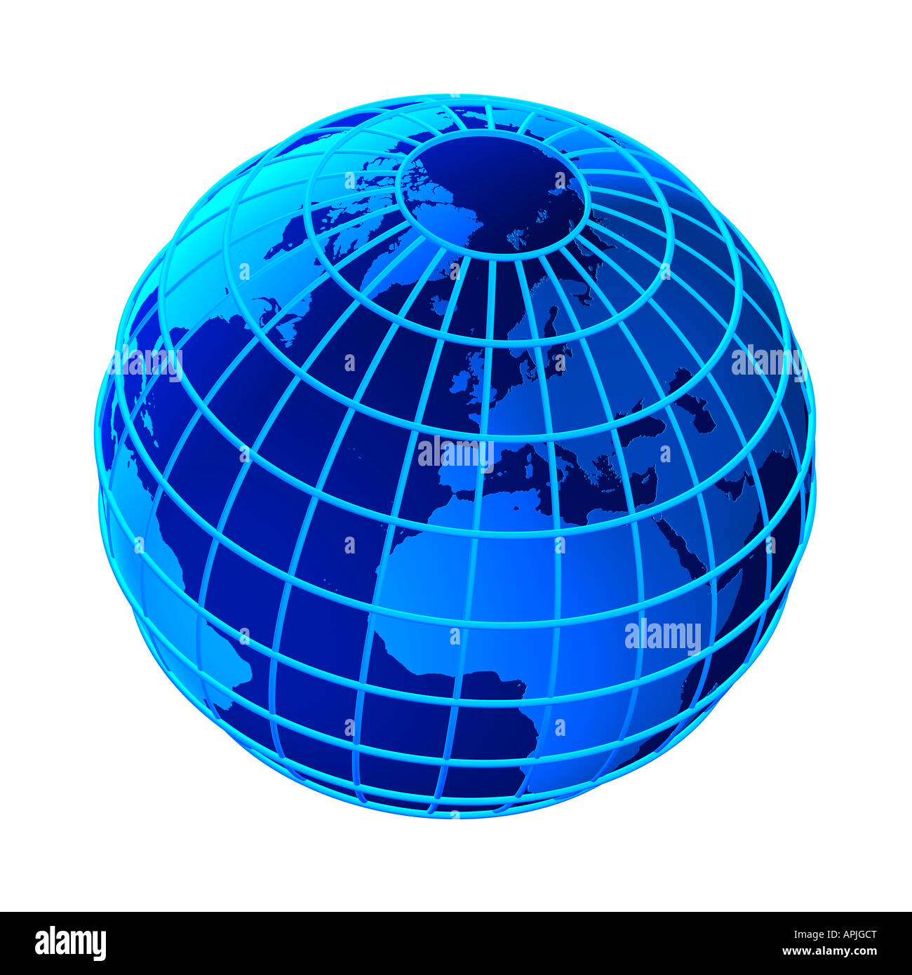 Blue globe with grid against a white background. Stock Photo