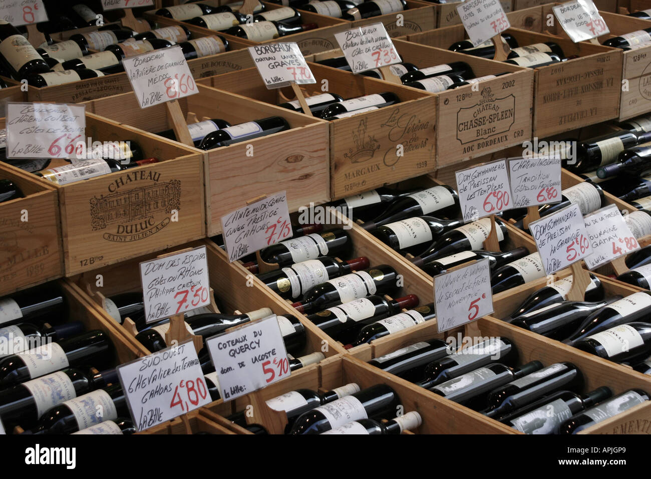 Wine bottles market french Rue Mouffetard Paris Stock Photo