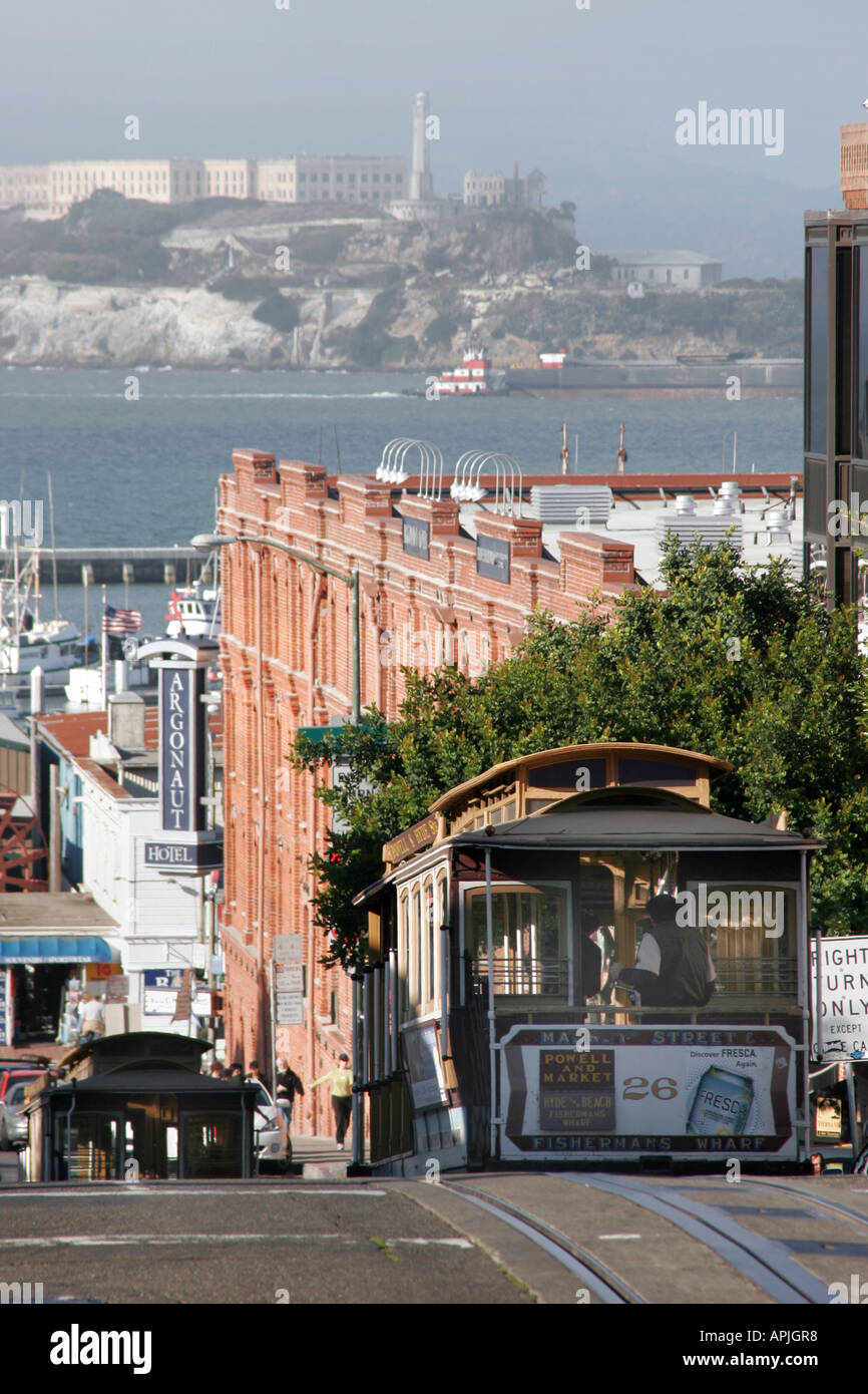San Francisco tram with alcatraz in the distance Stock Photo