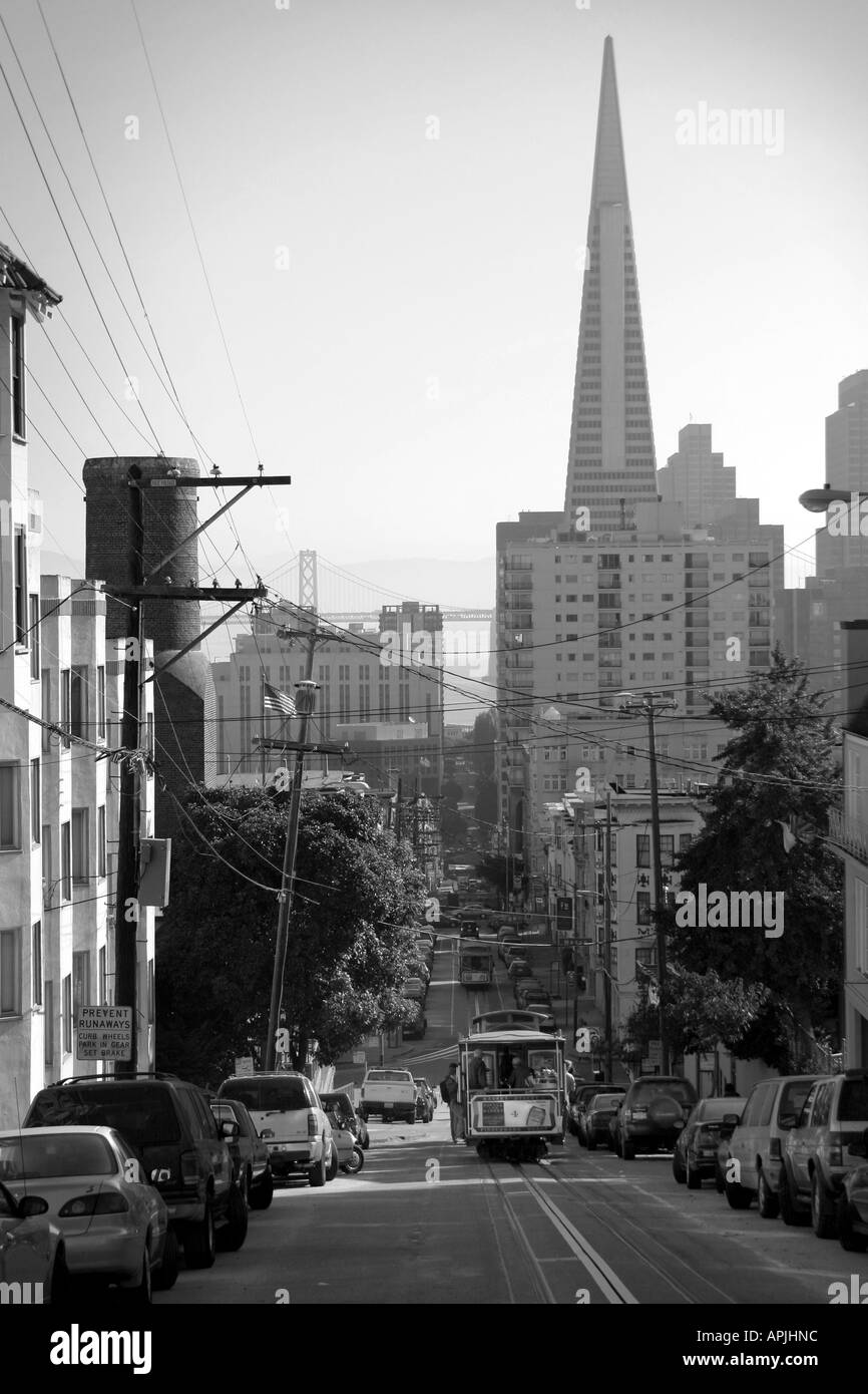 Street in San Francisco looking at Transamerica Stock Photo