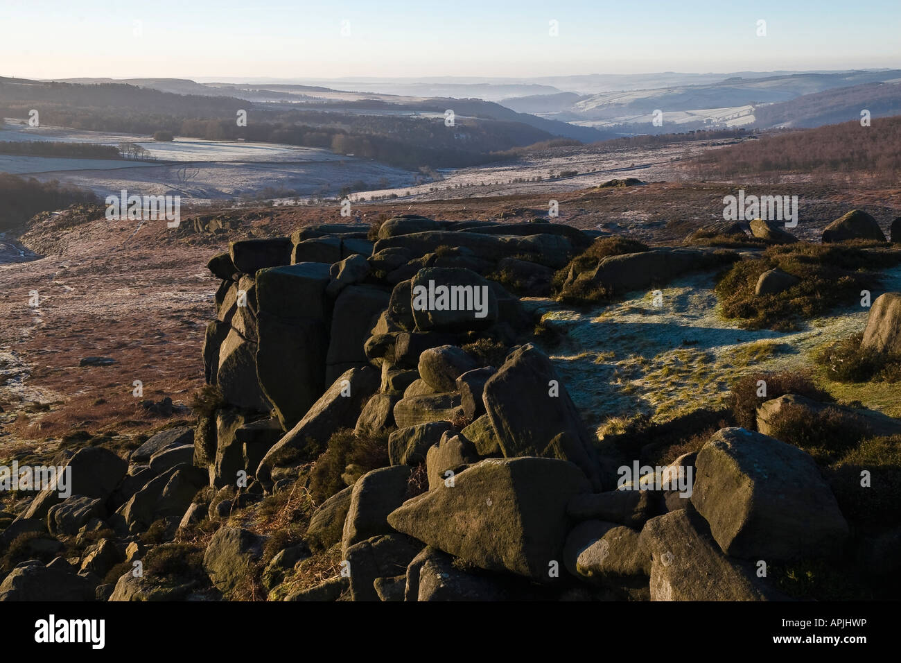 Carl Wark hill fort and view towards Longshaw Country Park, Peak District National Park, South Yorkshire, England Stock Photo