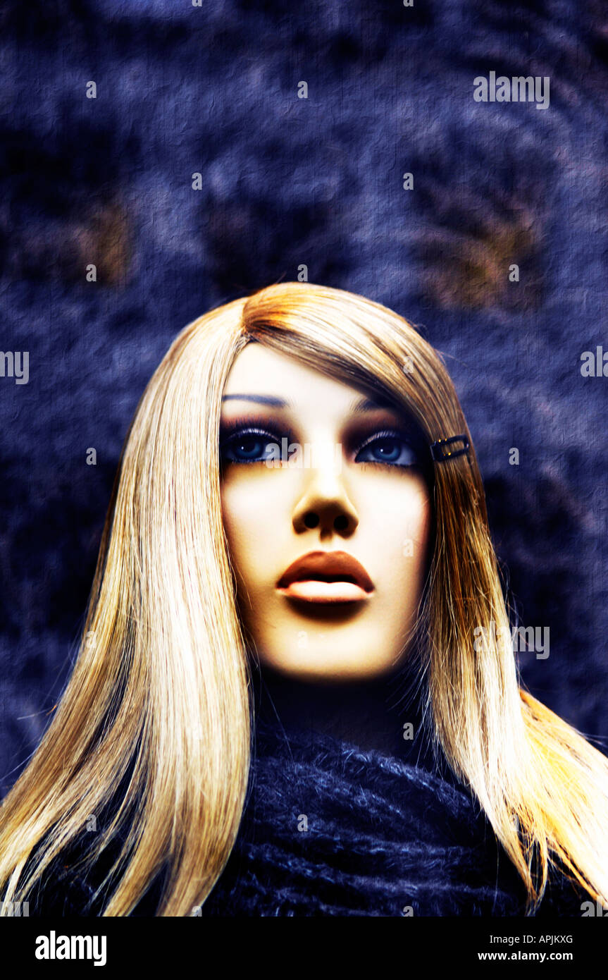 blonde female woman girl mannequin shop store consumerism fashion retail blue lomo modern retro Stock Photo