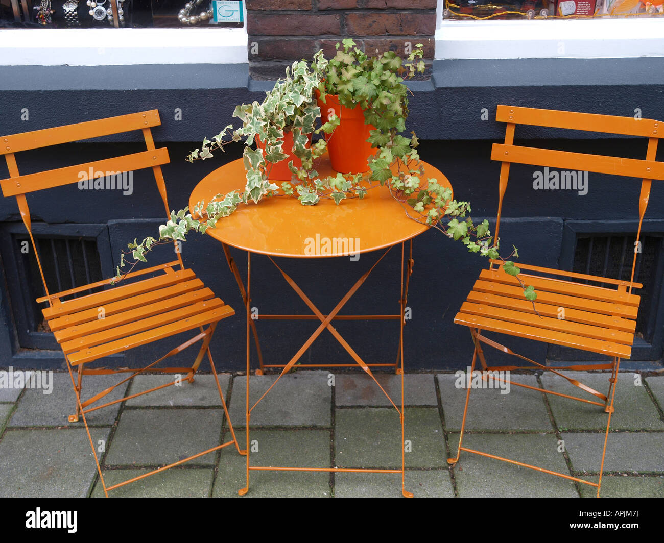 garden furniture with table and two chairs on terrace Stock Photo - Alamy