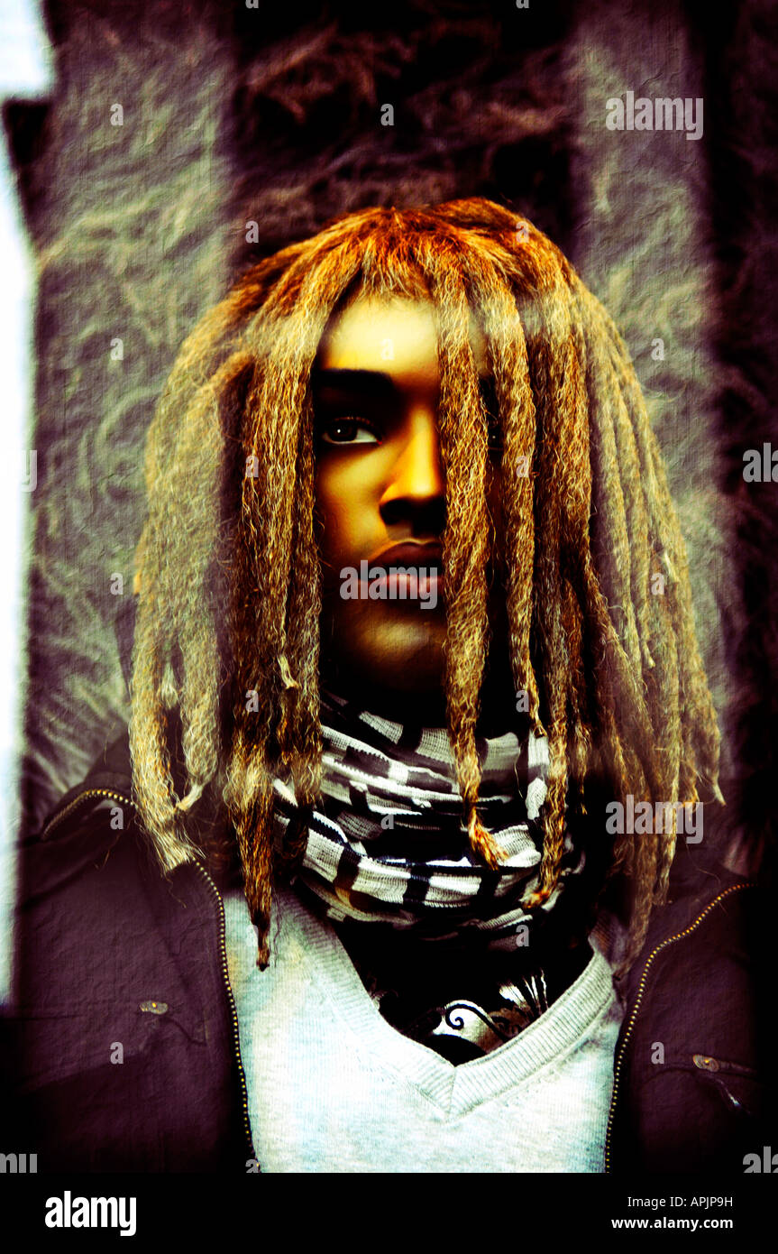 showroom dummy mannequin model male man shop consumerism highstreet retail outlet store shop fashion clothing dreadlocks Stock Photo