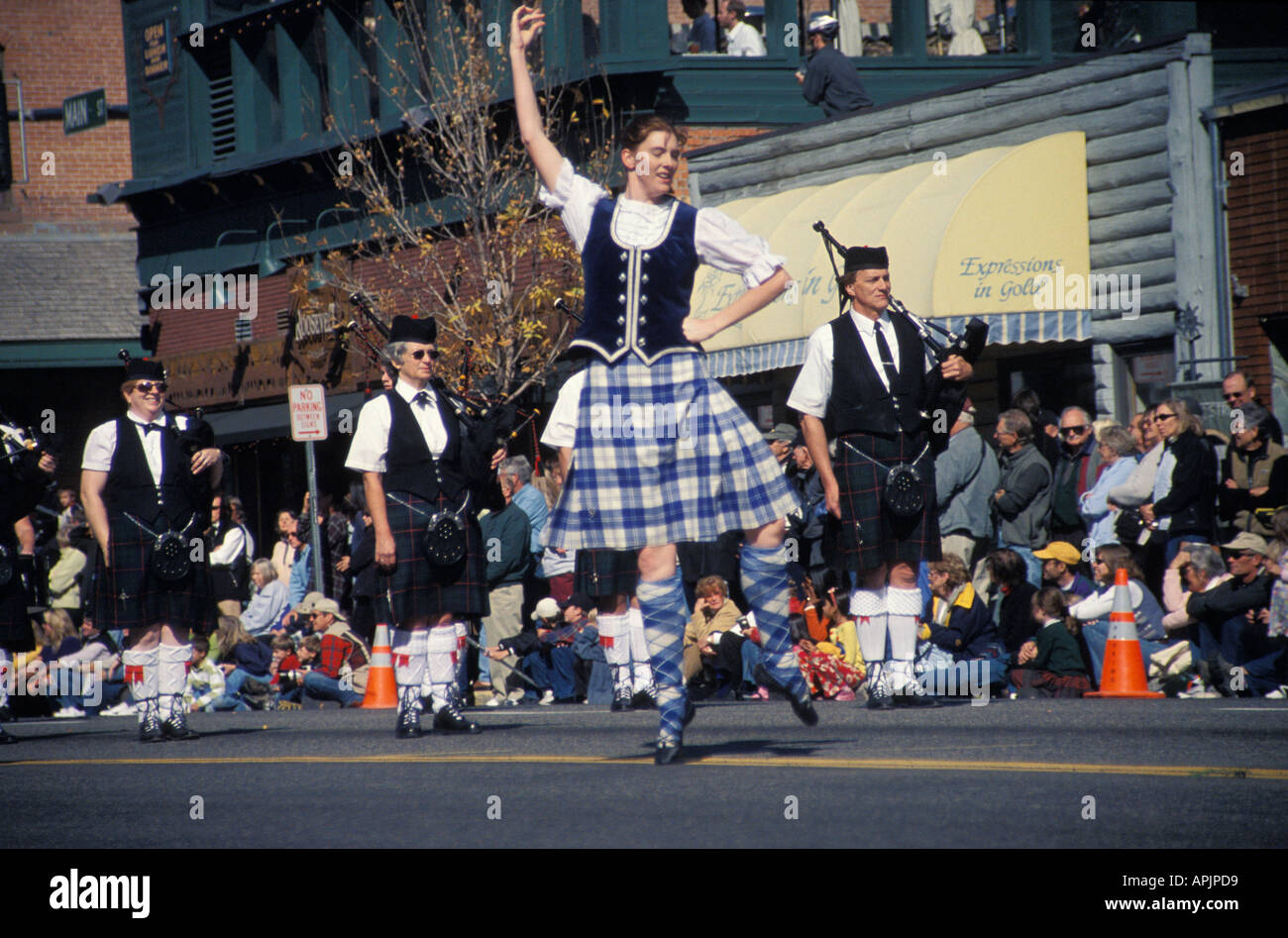 Idaho Ketchum woman in traditional clothing dances in the street Stock