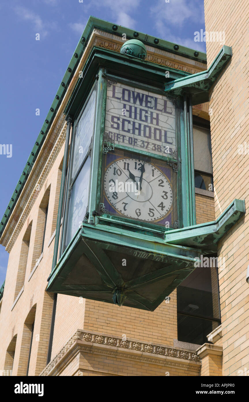 Clock outside of High School Lowell Massachusetts Stock Photo