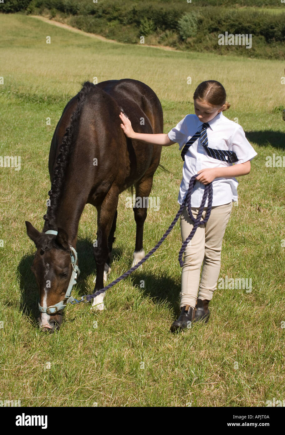 LITTLE GIRL LOOKING AFTER A PONY IN A FIELD UK Stock Photo