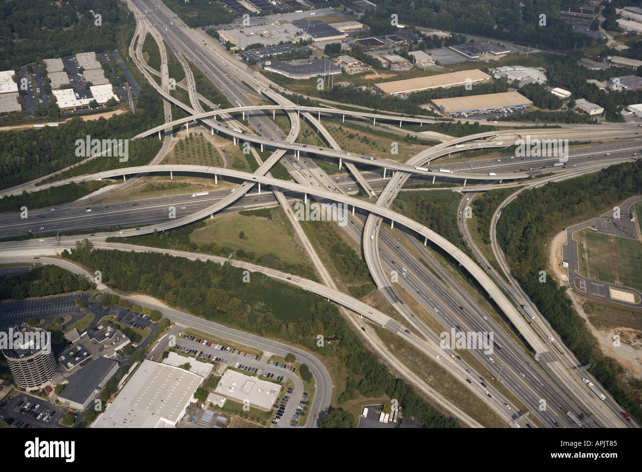 Aerial view of Interstate Cloverleaf Highway Intersection in Atlanta, Georgia, I-85 and I-285 Stock Photo
