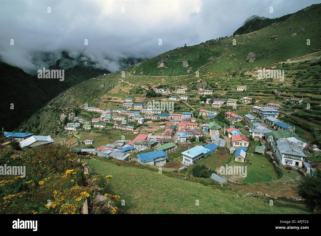 Namche Bazar is the biggest town of Sherpa land below Mt. Everest. Stock Photo