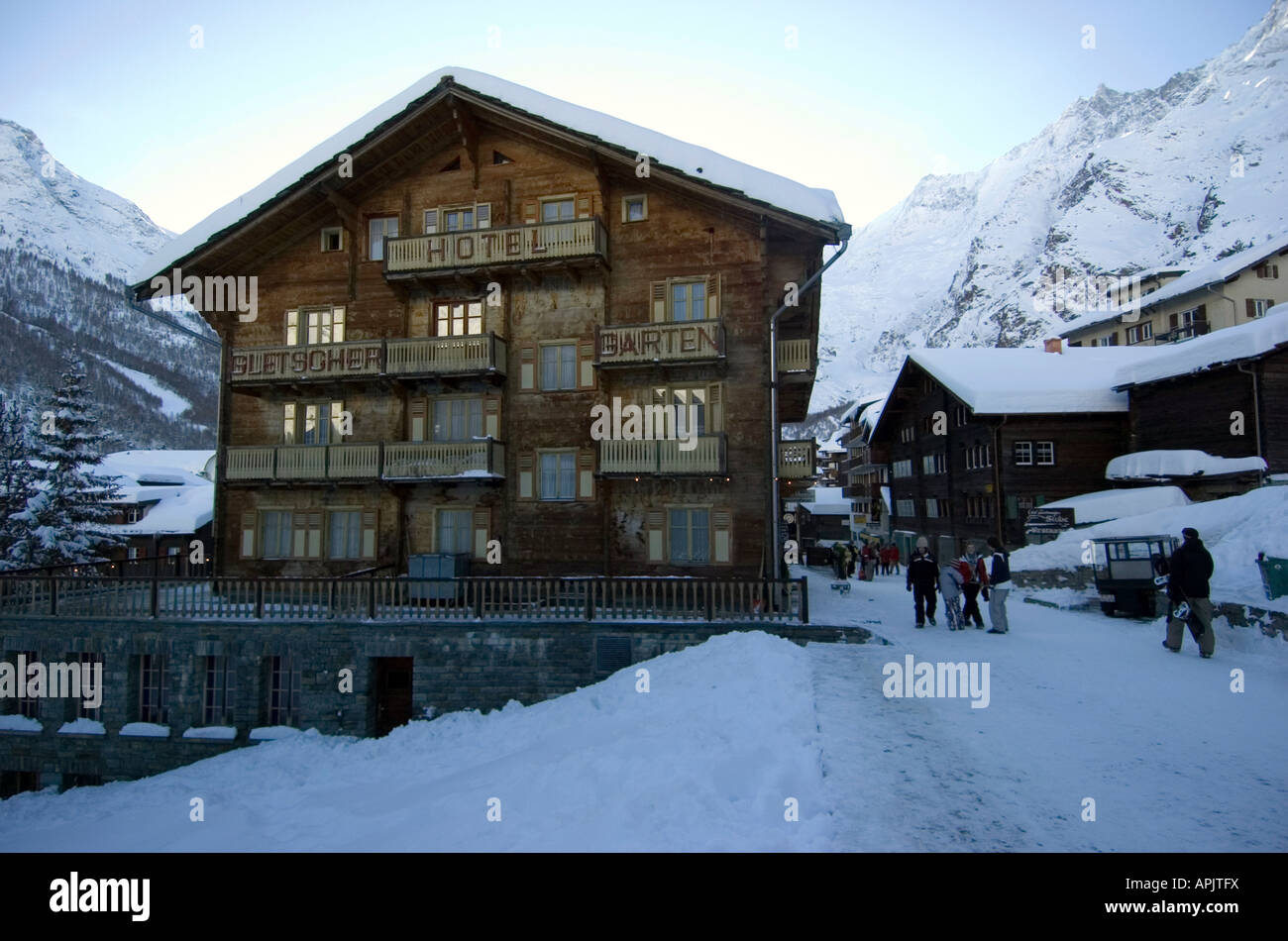 Traditional Hotel named Gletcher Garten in the centre of Saas Fee in the Wallis mountain range in Switzerland Stock Photo