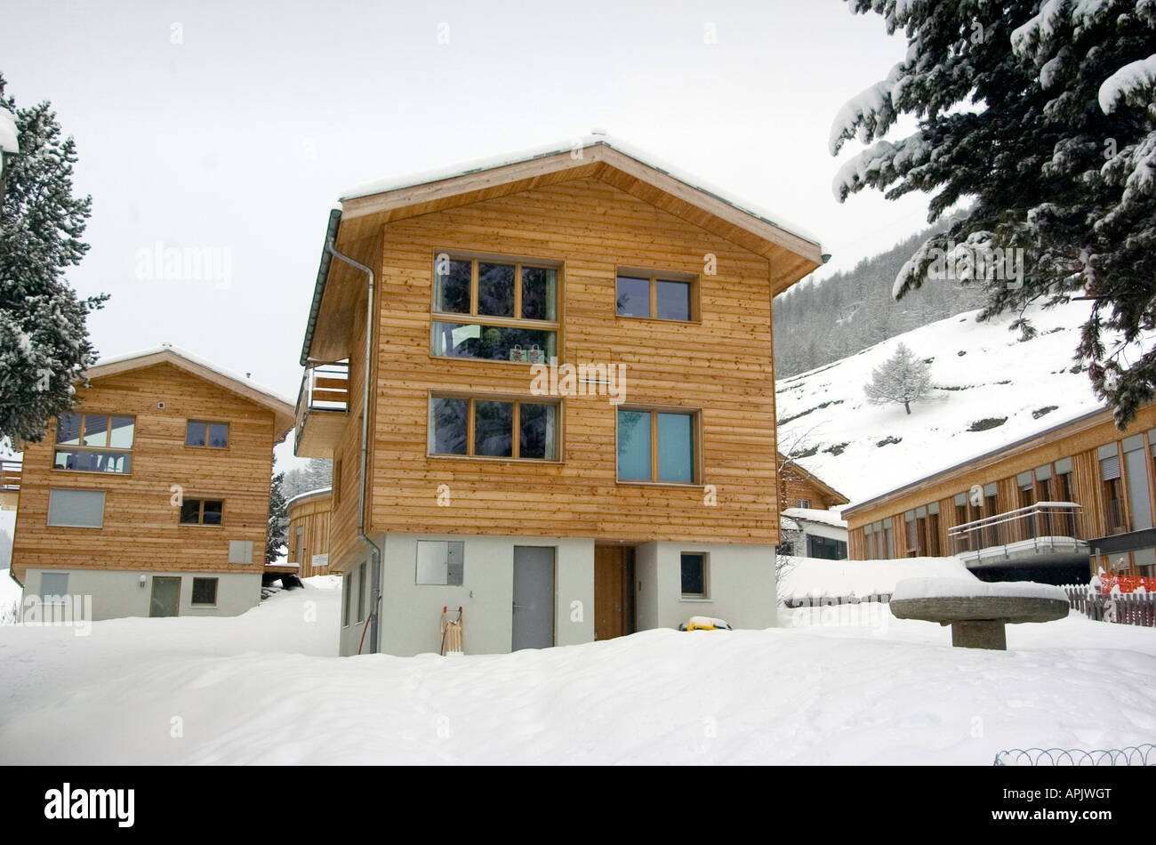 Luxury wooden chalet in the ski resort of Saas Fee in Switzerland Stock