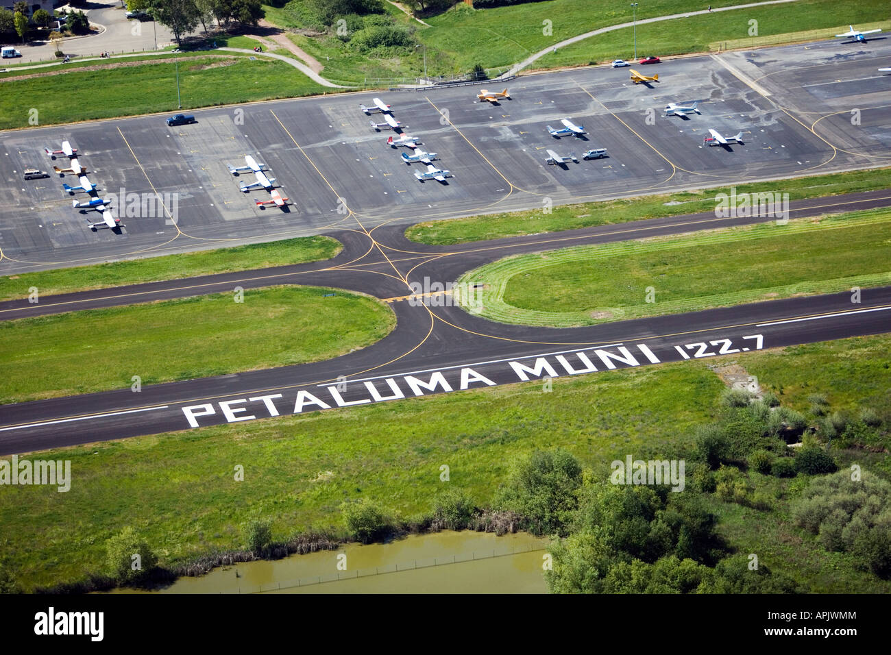 aerial Petaluma municipal airport from above runway Stock Photo
