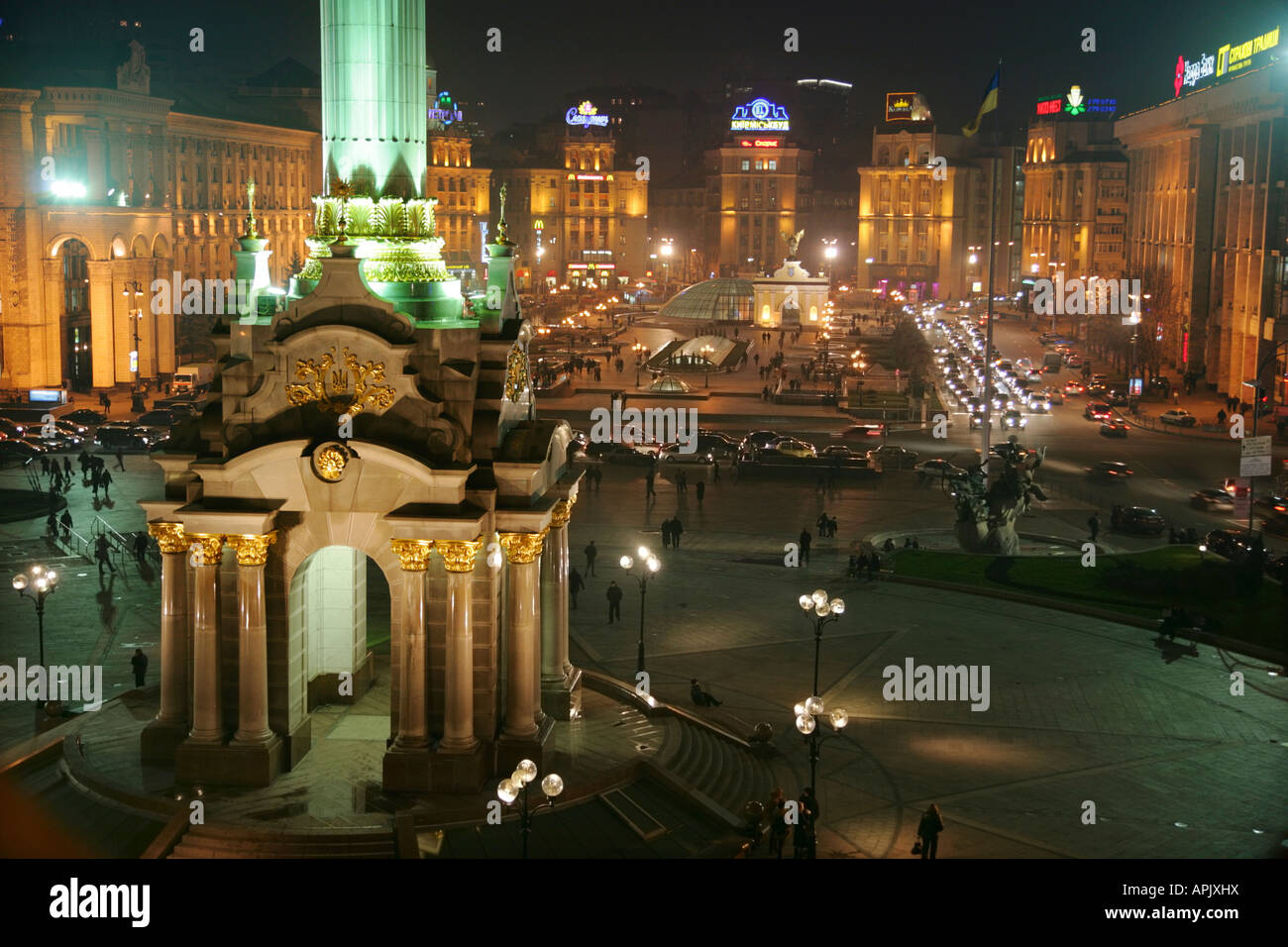 The Monument of Independence column at Maidan Nezalezhnosti, (Independence Square) Kiev, Ukraine. Stock Photo