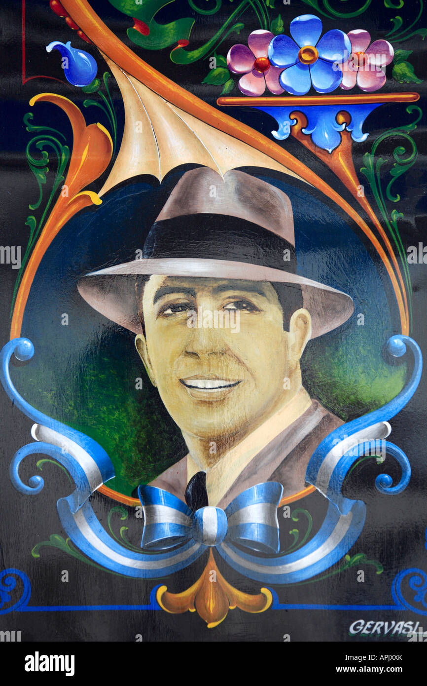 “Carlos Gardel” detail view at lettering with “filete porteño” style,  Abasto  neighborhood, Buenos Aires, Argentina. Stock Photo