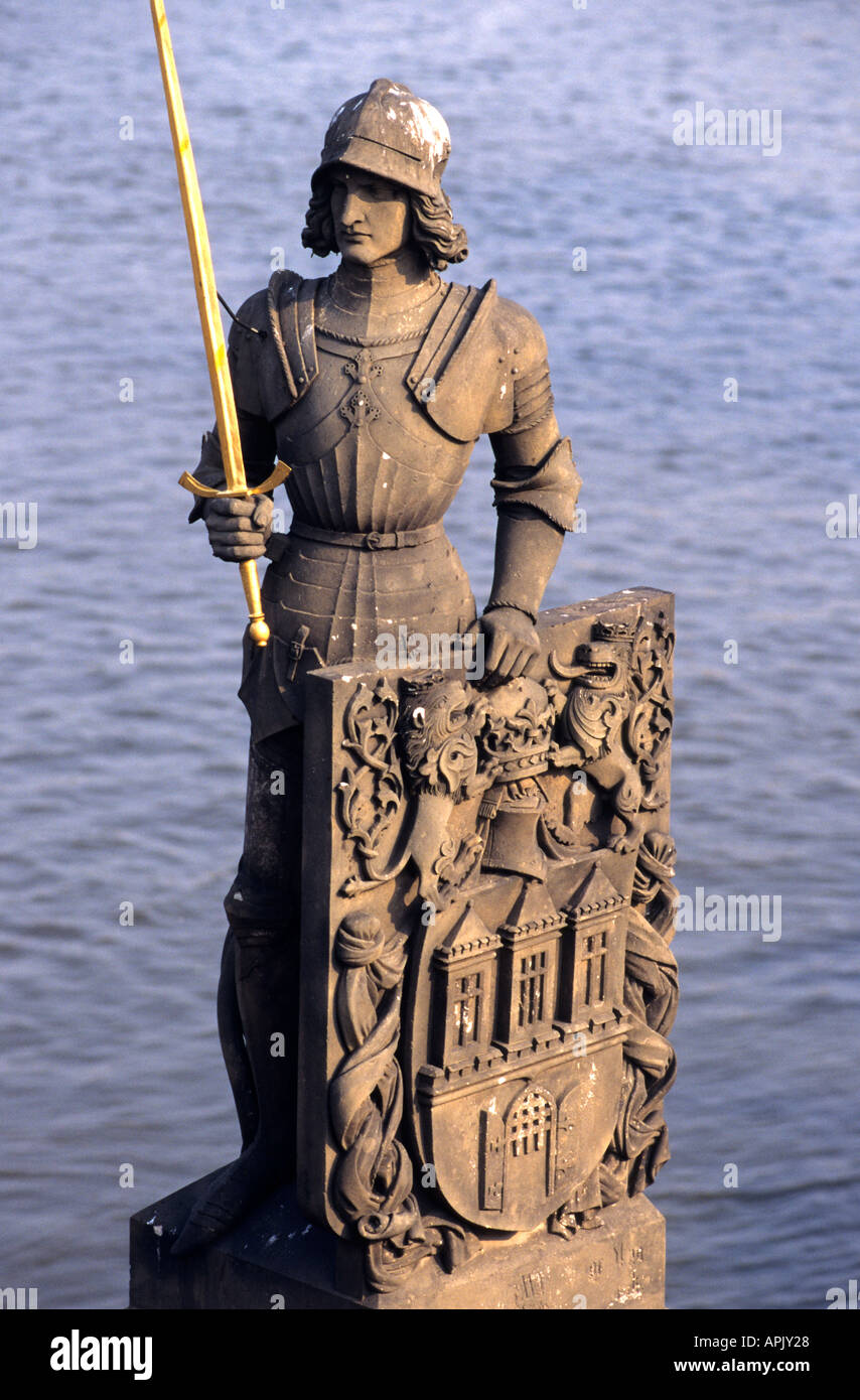 Prague Karlsbruecke Charles Bridge Knight Statue Stock Photo