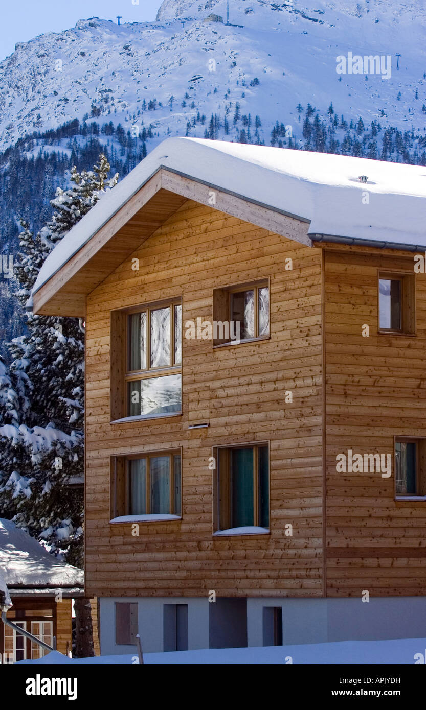 Luxury wooden chalet in the ski resort of Saas Fee in Switzerland Stock