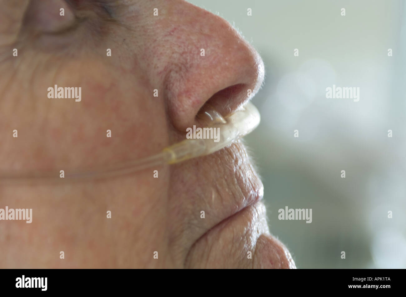80-year-old woman with  oxygen nasal canula in her nose in hospital ward Stock Photo