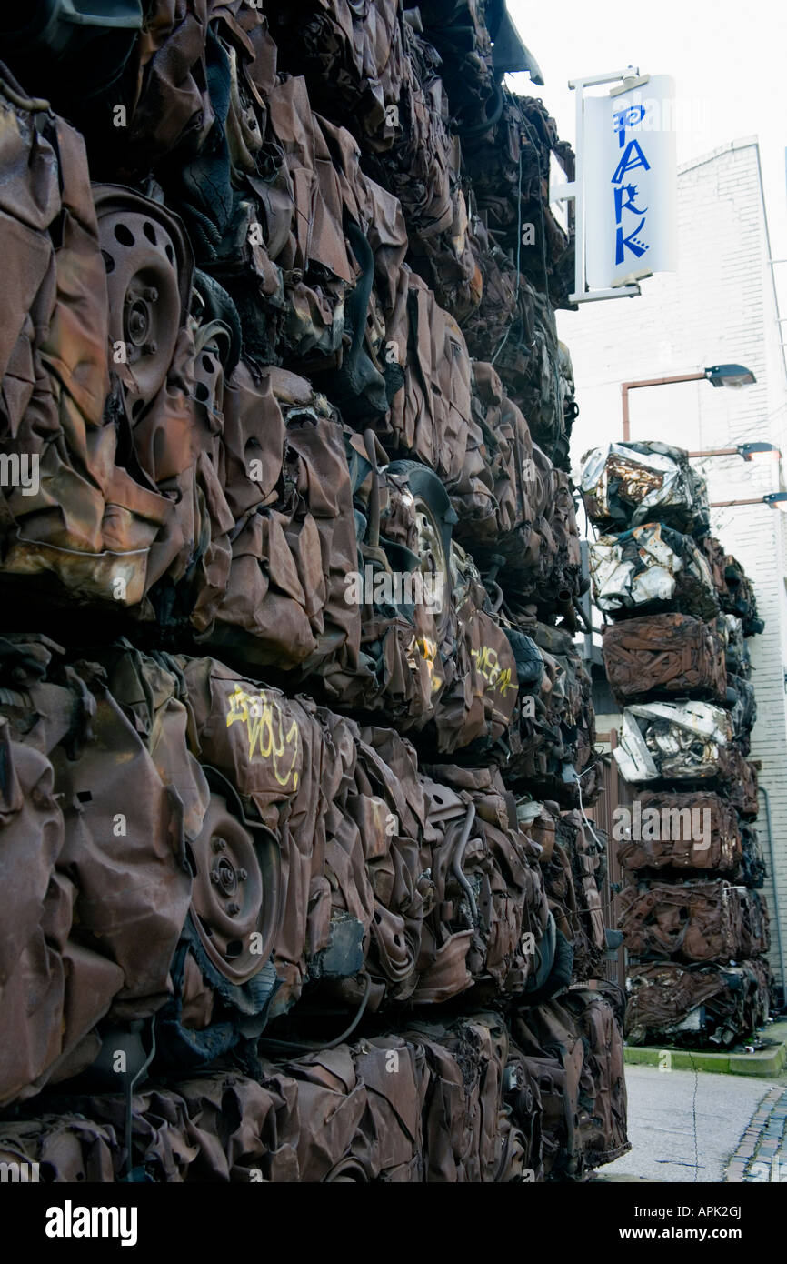 Fence of a car park in Digbeth Birmingham UK made from crushed scrap