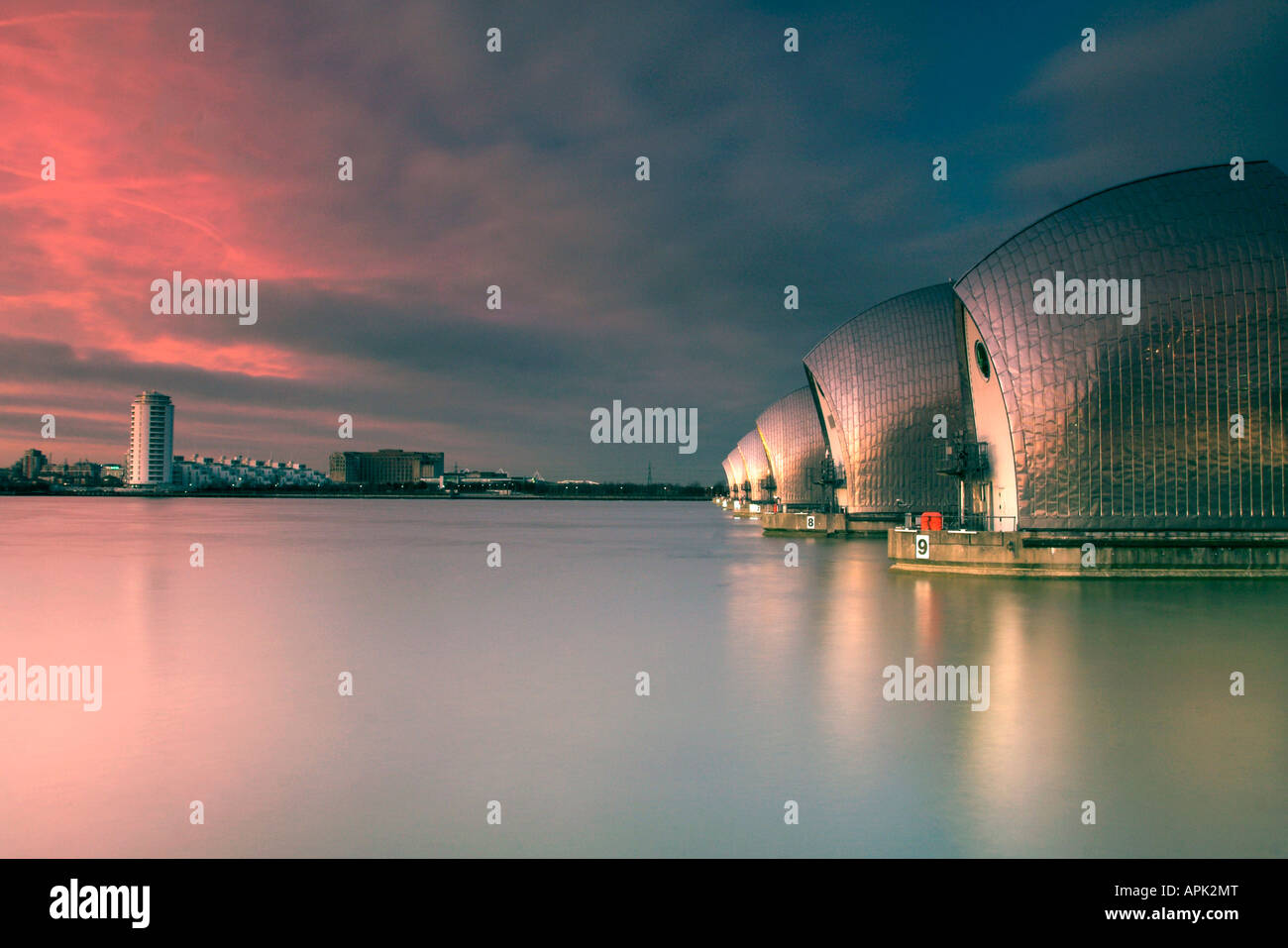 Thames Barrier during a winter sunset Stock Photo