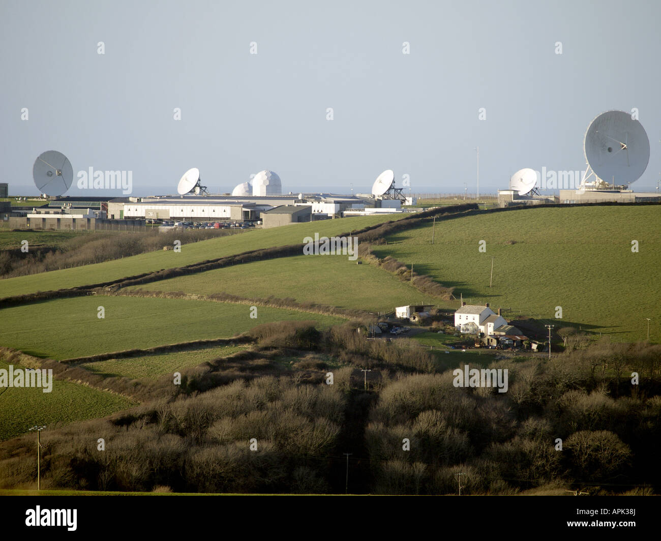 Morwenstow satellite ground station across farmers fields Stock Photo