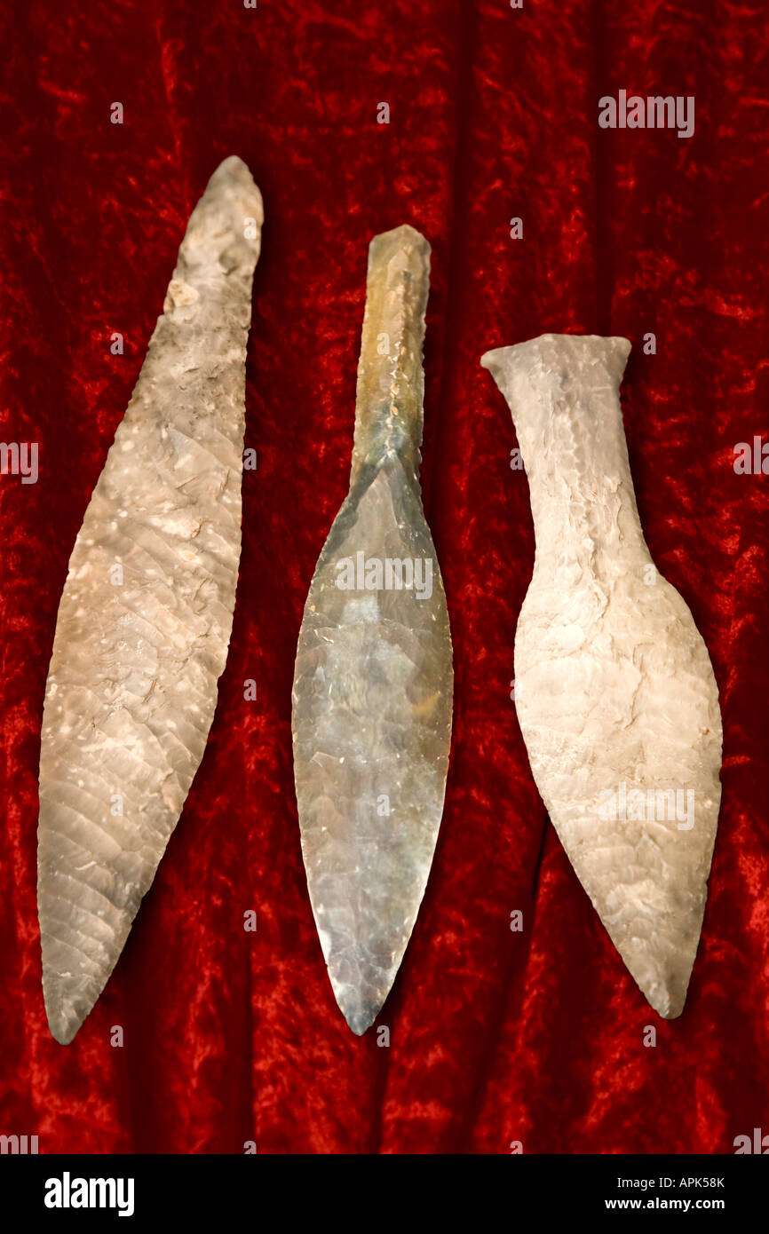 Three flint axes from the stone age Stock Photo