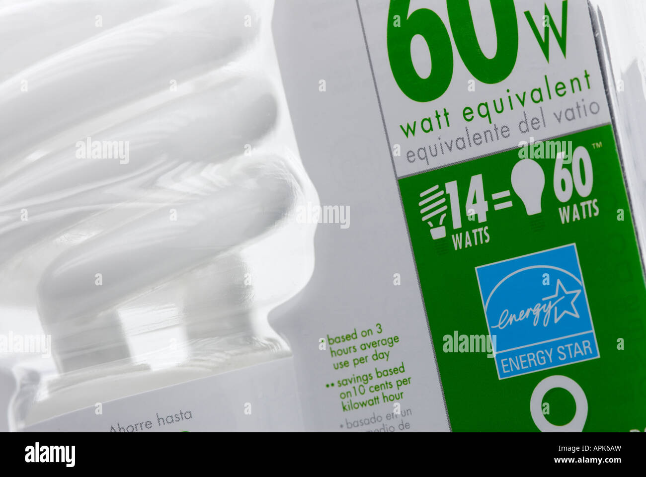 A compact fluorescent light bulb or compact fluorescent lamp CFL CF light bulb in packaging