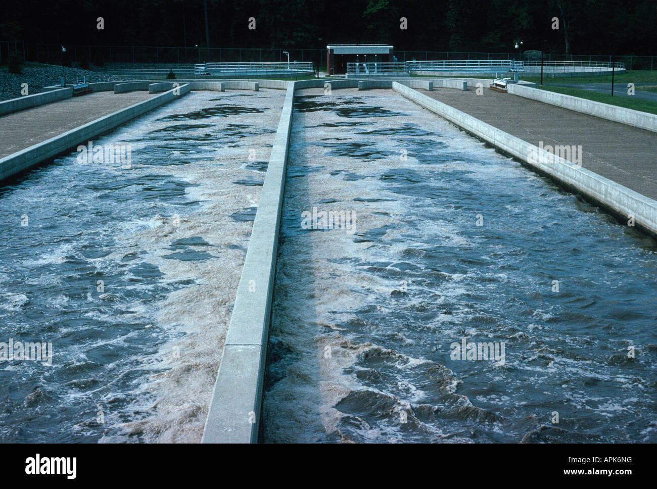 Activated sludge secondary treatment system at a sewage treatment plant. Stock Photo