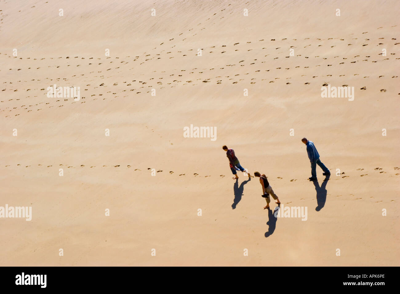 Footprints in the sand and three people walking on the beach Stock ...