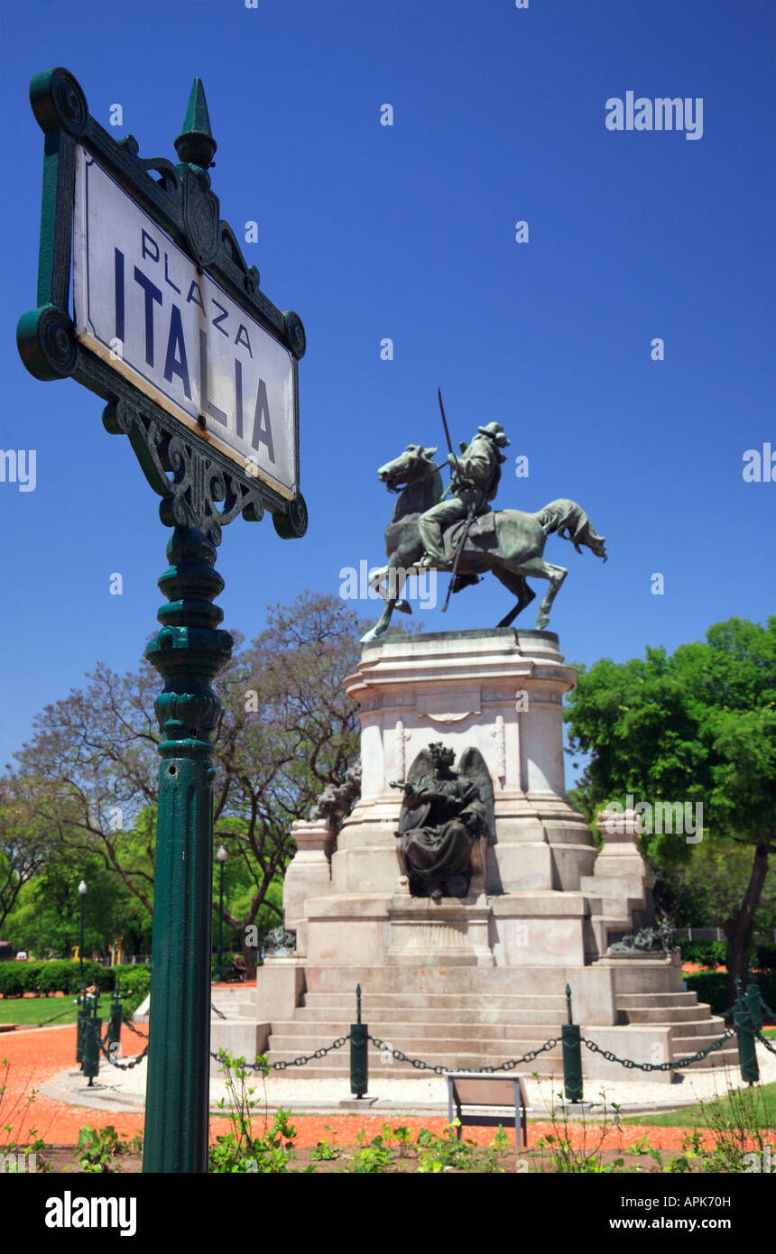 Plaza Italia monument to Garibaldi and lettering at foreground. Palermo