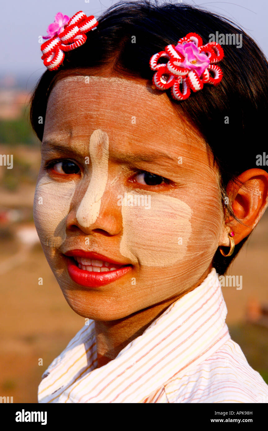 Burmese Girl with traditional face paint made from the thanaka plant