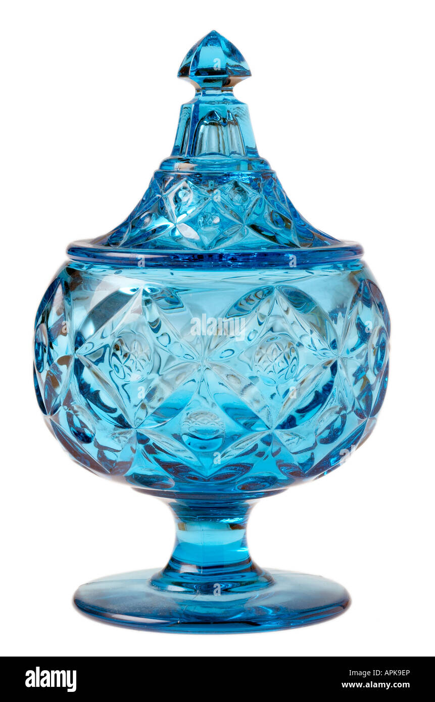 Blue glass pedestal dish Stock Photo
