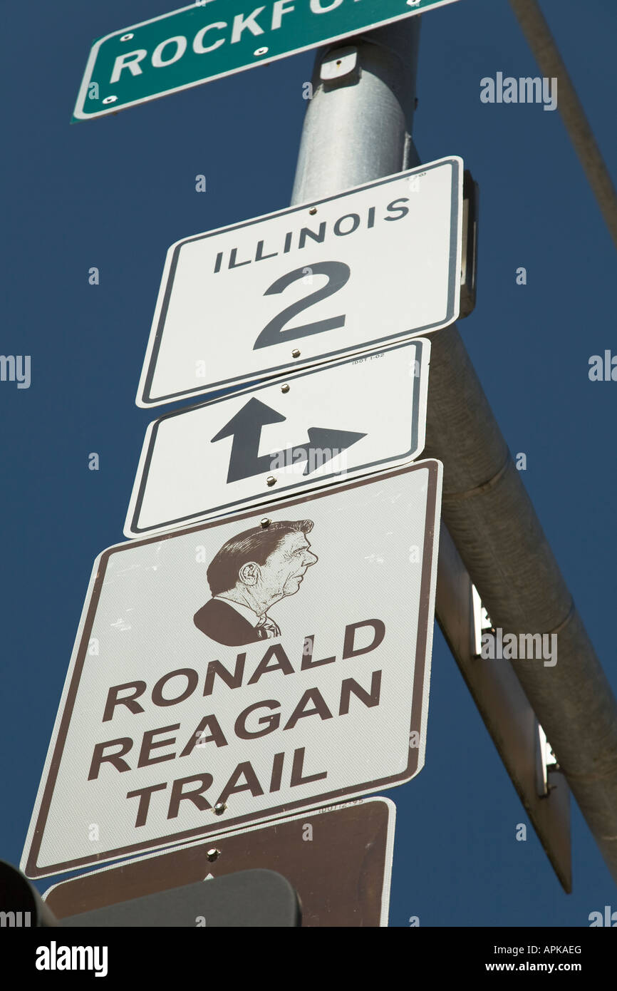 ILLINOIS Dixon Sign for Ronald Reagan Trail highway two and arrows on