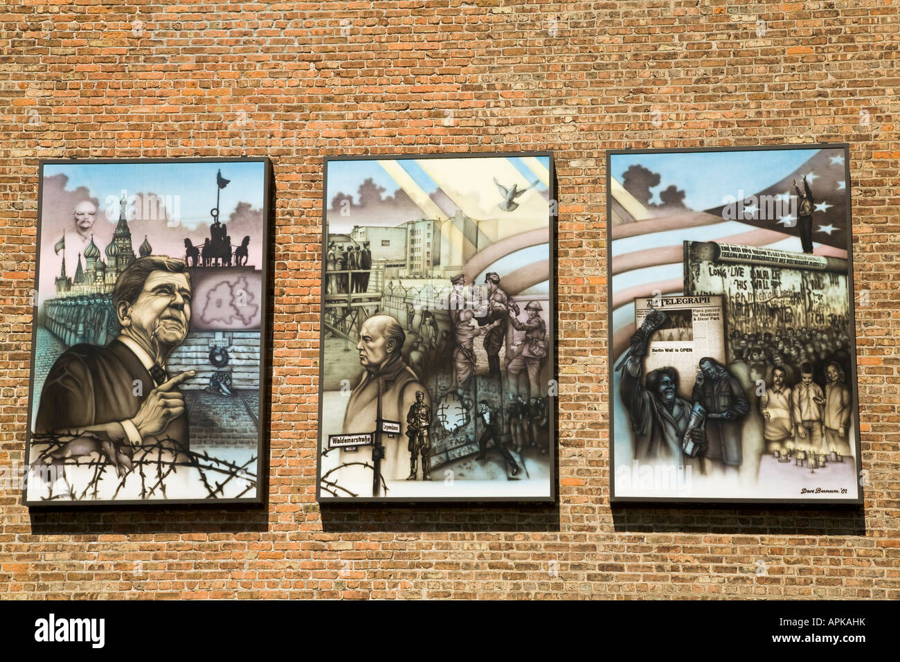 ILLINOIS Dixon Paintings of historic moments President Ronald Reagan life on brick wall Wings of Peace and Freedom park Stock Photo