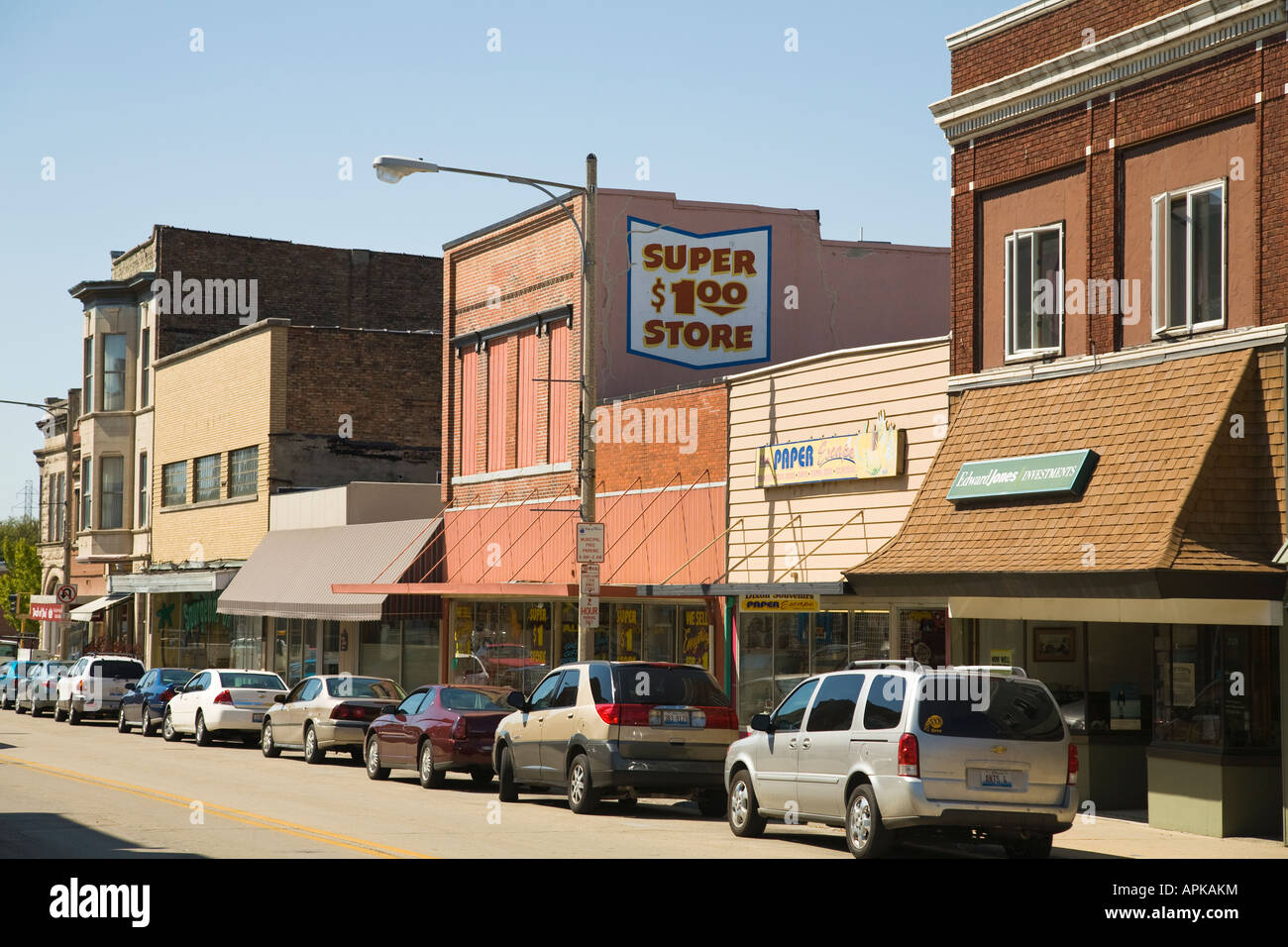 ILLINOIS Dixon Retail stores businesses and restaurants in downtown of small town parked cars