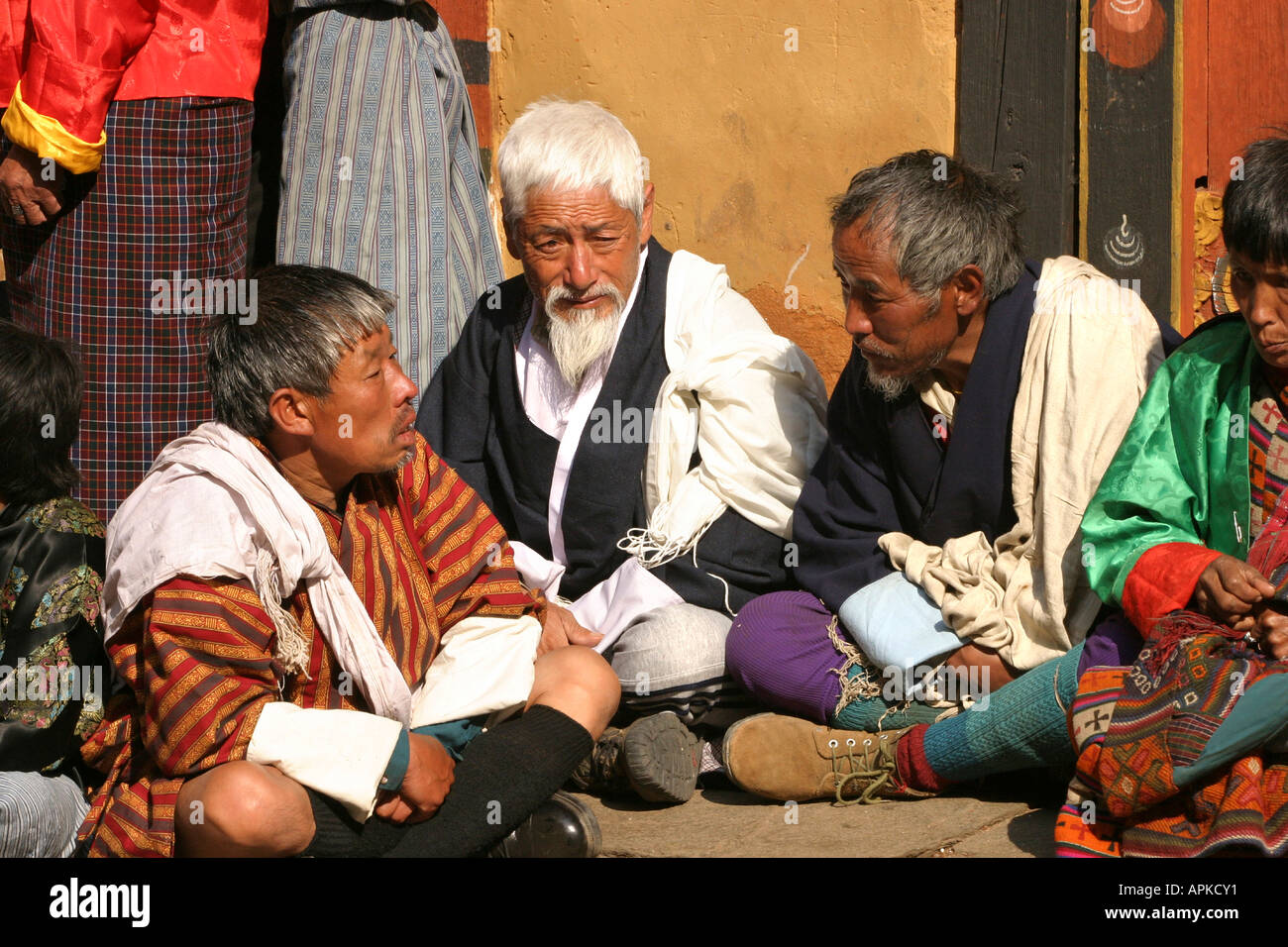 Bhutan Paro Festival Tsechu elderly Bhutanese men Stock Photo